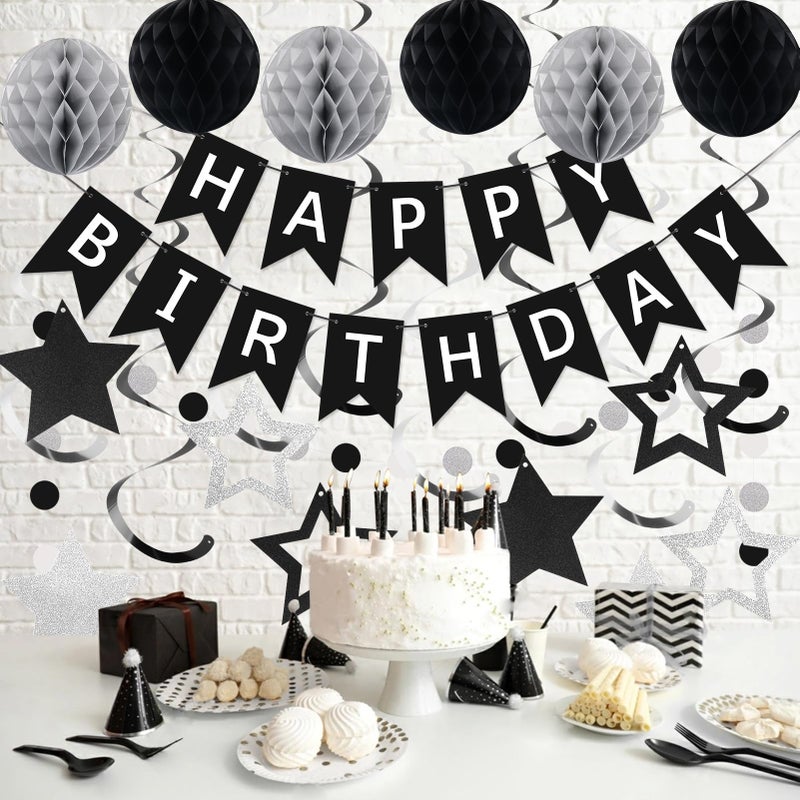 meowtastic Birthday Decorations  Happy Birthday Banner with Honeycomb Balls  Star Hanging Swirl Streamer  Circle Dot Garland  Happy Birthday Party Decoration for Women Men Boys Girls (Black & Silver) - Image 2